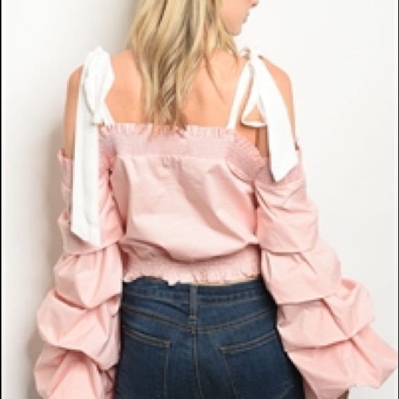 Pink & White Ruffle Cold Shoulder Blouse - Picture 2 of 2
